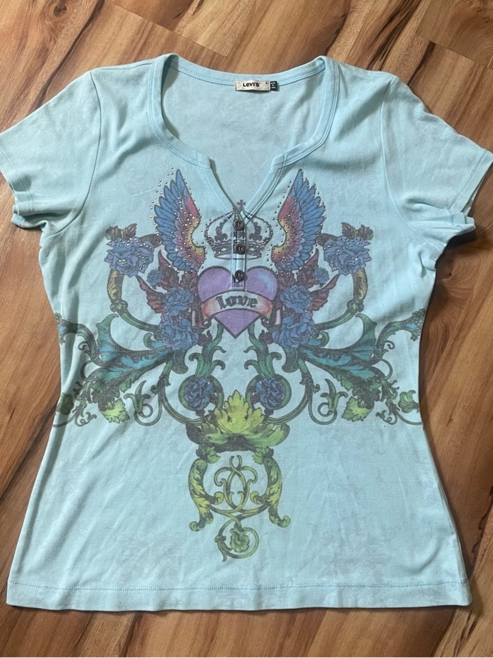 Rare Vintage Levi’s Graphic T-Shirt Blue Y2K Winged Heart Crown Notched Sz L - Picture 2 of 5